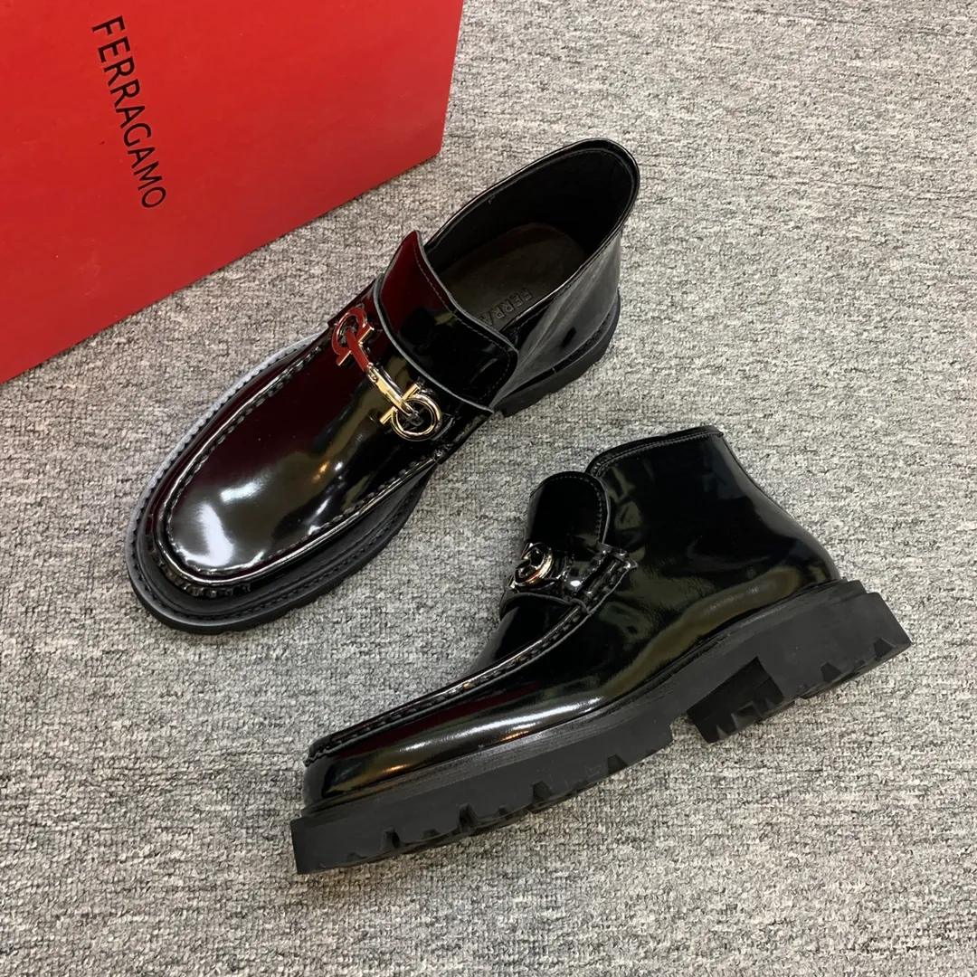 Men's shoes 💰960 🎁🎁🎁😈[Ferragamo] Men's high-top boots, the latest hot style, 1:1 original purchase quality, top quality, imported cowhide for the uppers, imported cowhide for the lining and feet, with original lightweight foam outsole, matching code 39-44, (38, 45 custom-made, non-refundable)